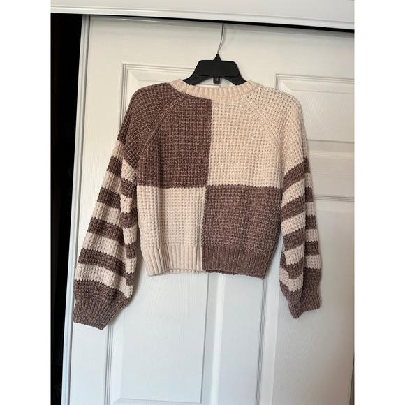 Altar'd State Womens XS Chenille Cropped Sweater Brown Cream Colorblock Striped - Picture 6 of 8